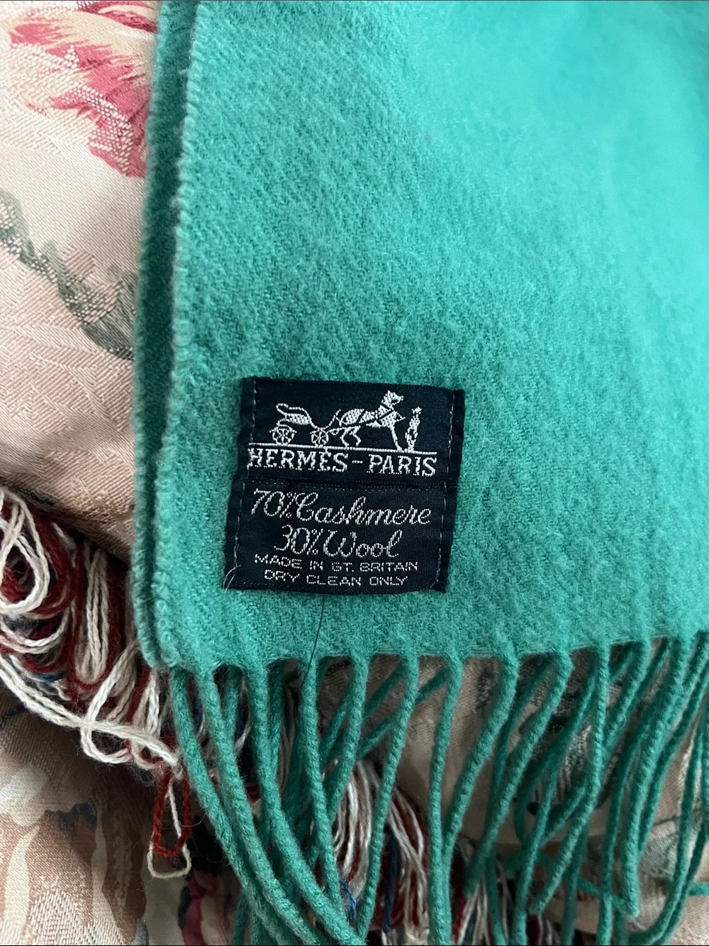 Hermes - Teal/greenish Cashmere-Wool Fringe Scarf/blanket
